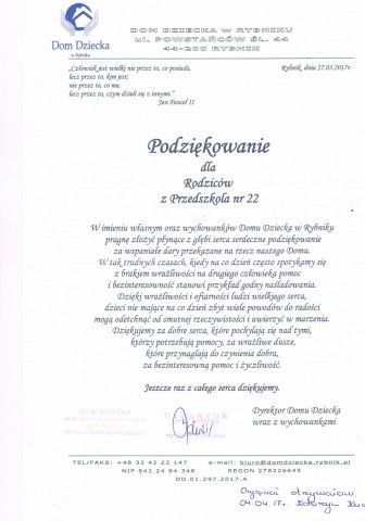 Podziękowanie od Domu Dziecka w Rybniku