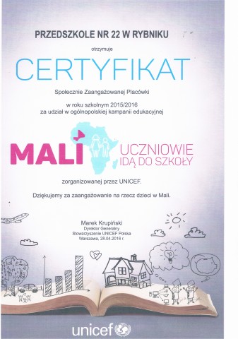 Certyfikat "Mali uczniowie idą do szkoły"