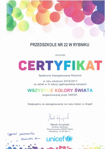Certyfikat za udział w kampanii "Wszystkie Kolory Świata"