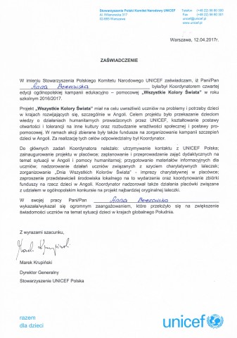 Zaświadczenie - koordynator kampanii "Wszystkie Kolory Świata"