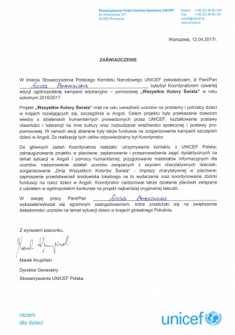 Zaświadczenie - koordynator kampanii "Wszystkie Kolory Świata"