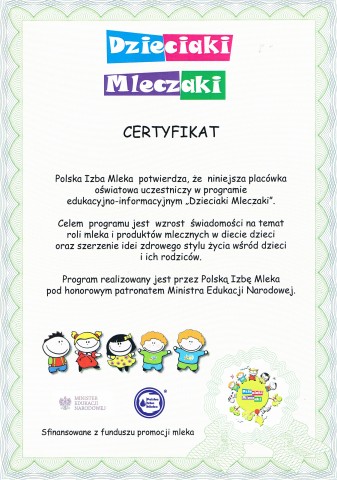 Dzieciaki Mleczaki - certyfikat